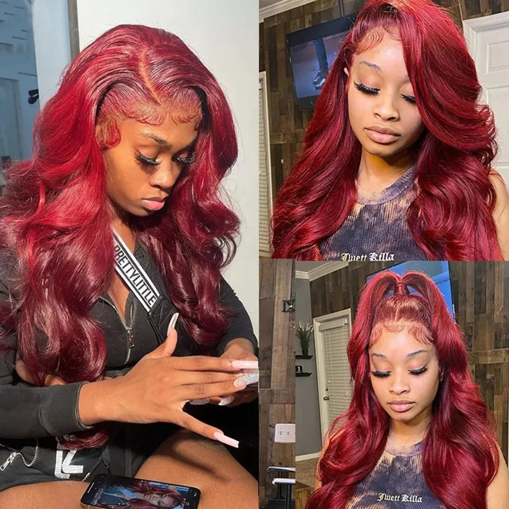 HD Transparent 13x4 Body Wave Lace Front Human Hair Wig Burgundy 99J