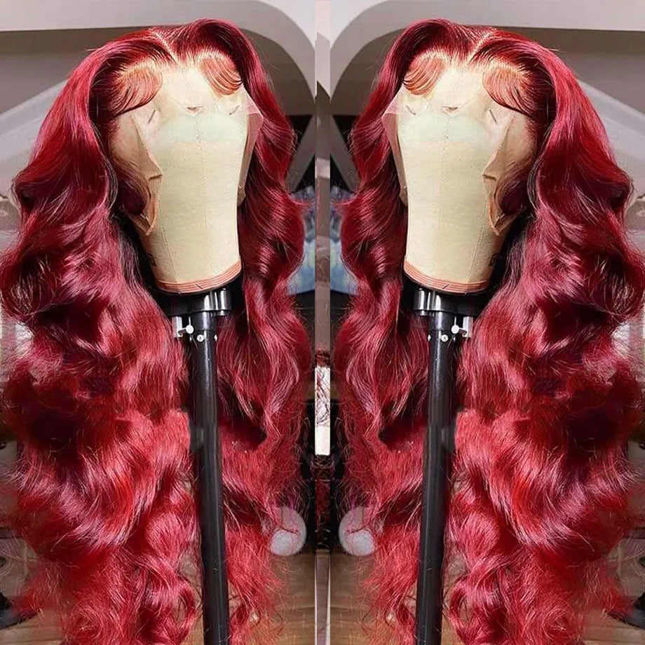 HD Transparent 13x4 Body Wave Lace Front Human Hair Wig Burgundy 99J