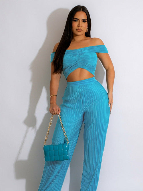 Off Shoulder Crop Top and Wide Leg Pants Co-cord