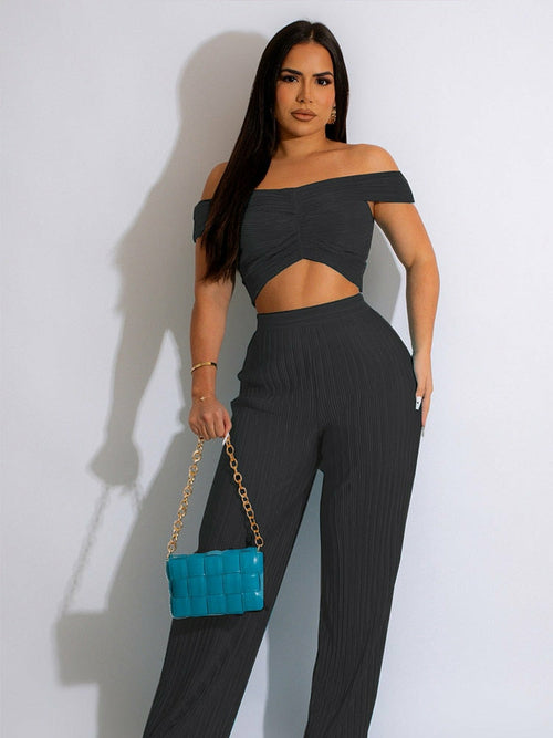 Off Shoulder Crop Top and Wide Leg Pants Co-cord