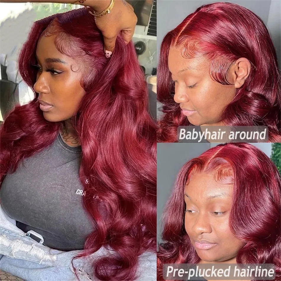 HD Transparent 13x4 Body Wave Lace Front Human Hair Wig Burgundy 99J