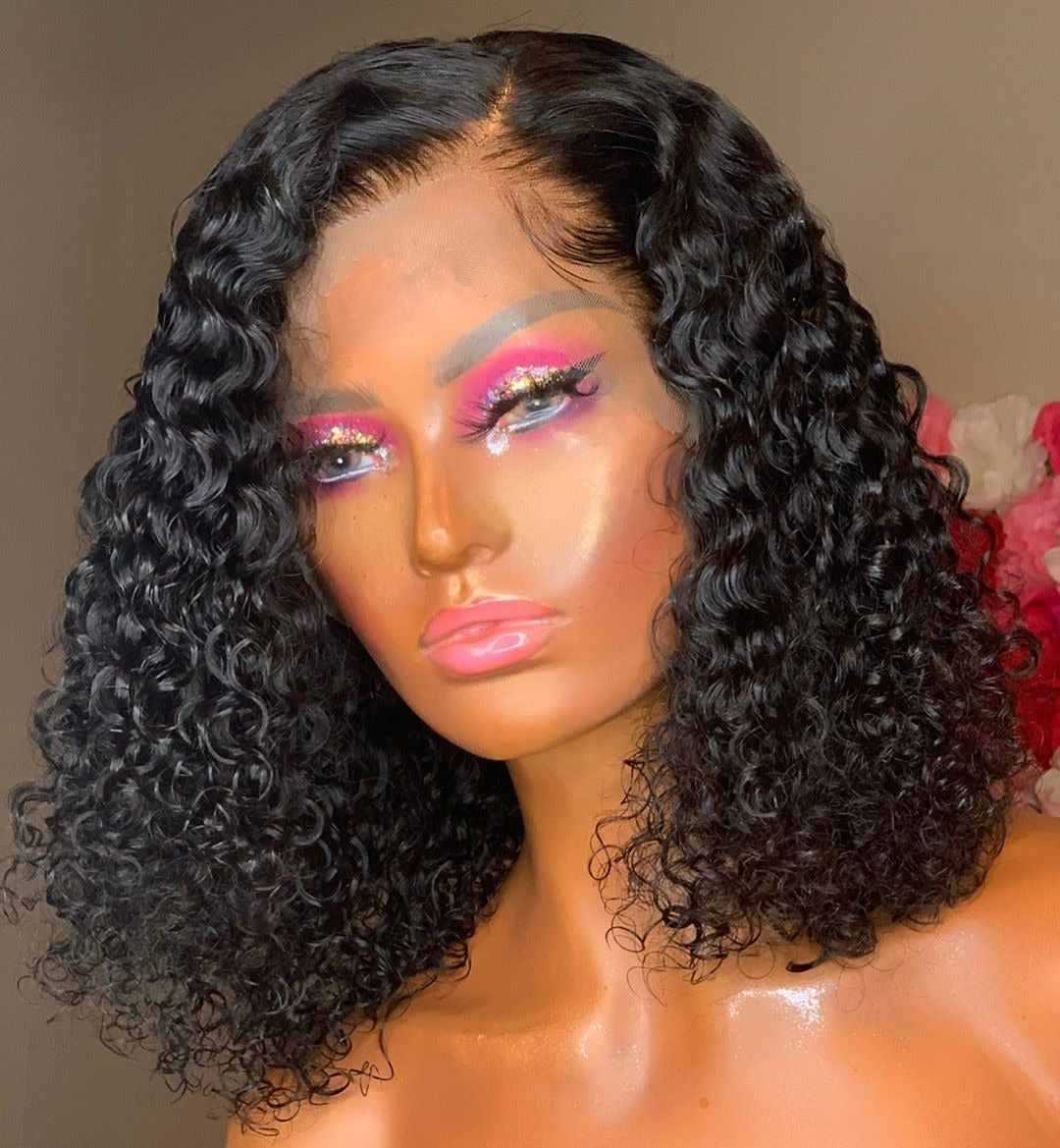 Lace Front Wig Jerry Curl Short Bob 180% Density 4x4 13x4