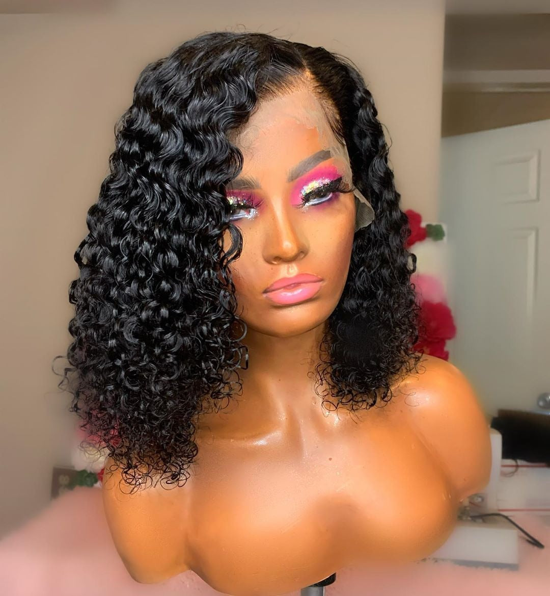 Lace Front Wig Jerry Curl Short Bob 180% Density 4x4 13x4
