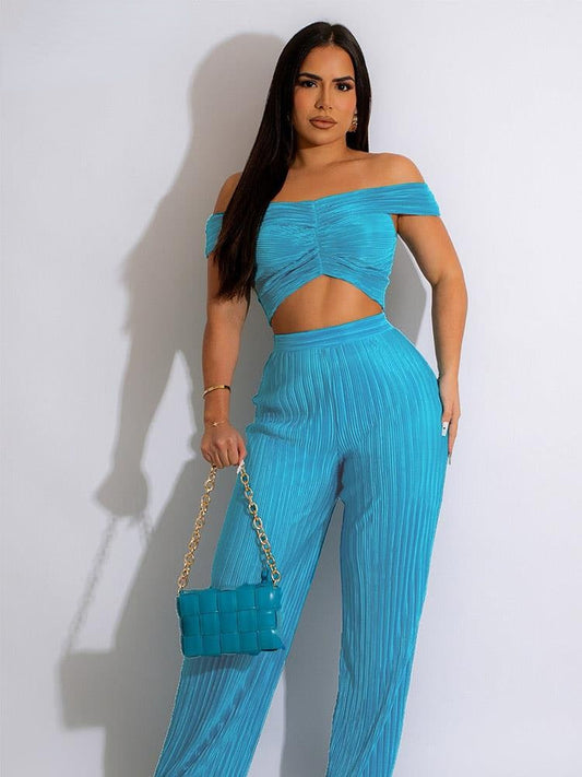 Off Shoulder Crop Top and Wide Leg Pants Co-cord