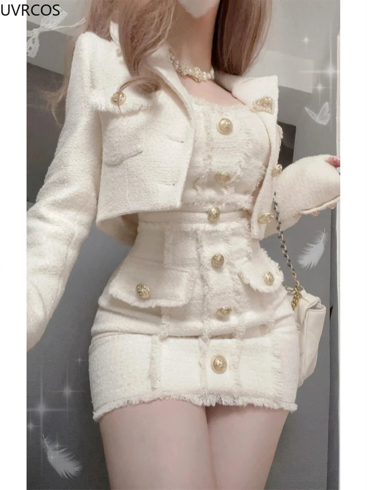 Vintage Korean Style Elegant Woolen Two-Piece Dress