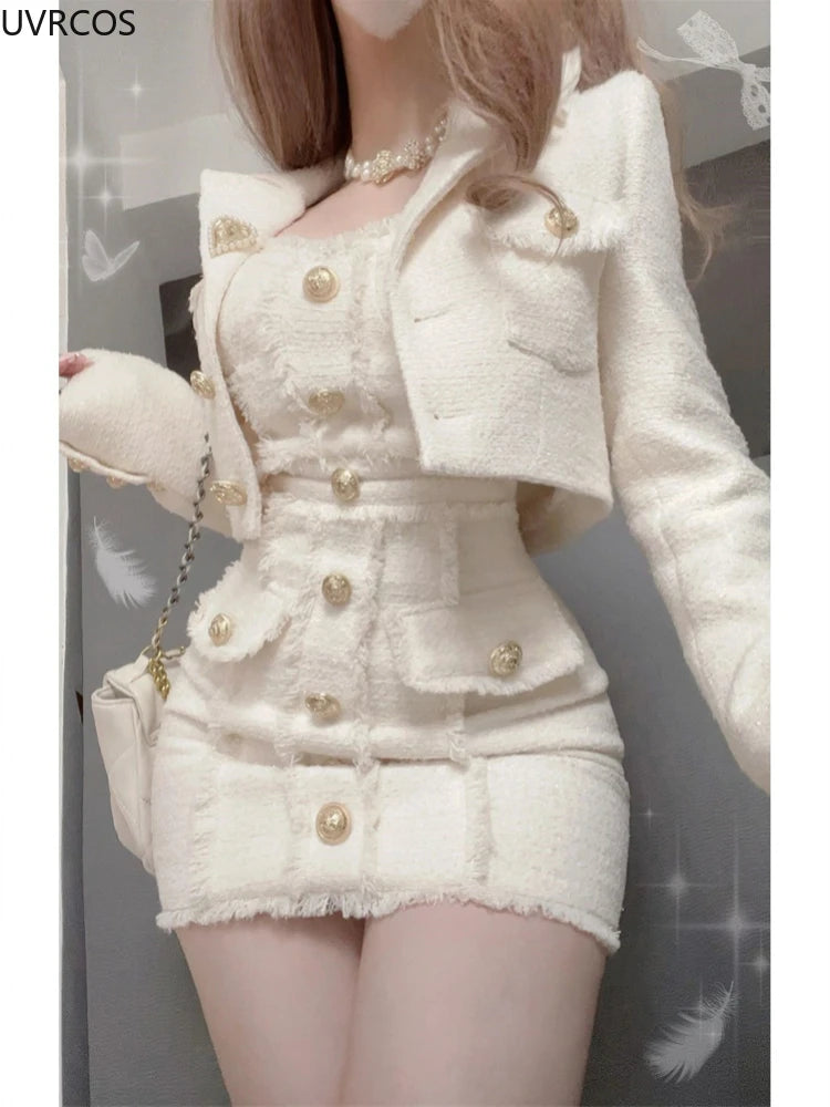 Vintage Korean Style Elegant Woolen Two-Piece Dress