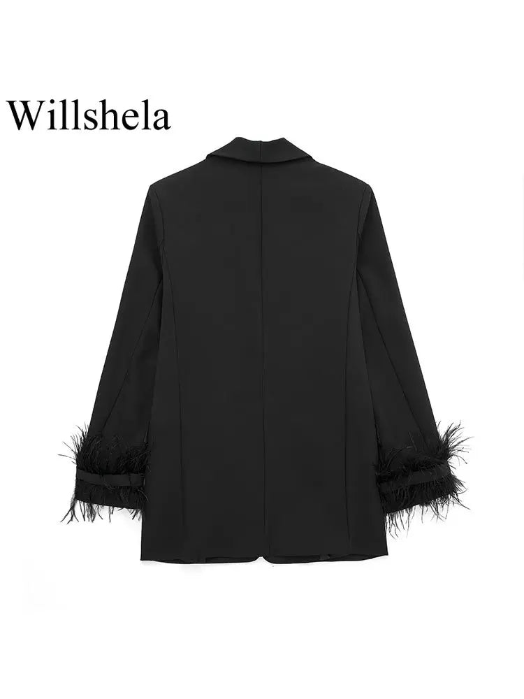 Willshela Vintage Satin Feather Blazer Jacket