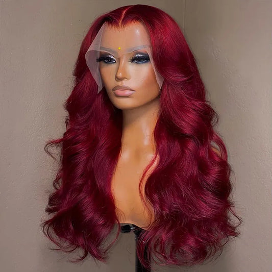 HD Transparent 13x4 Body Wave Lace Front Human Hair Wig Burgundy 99J