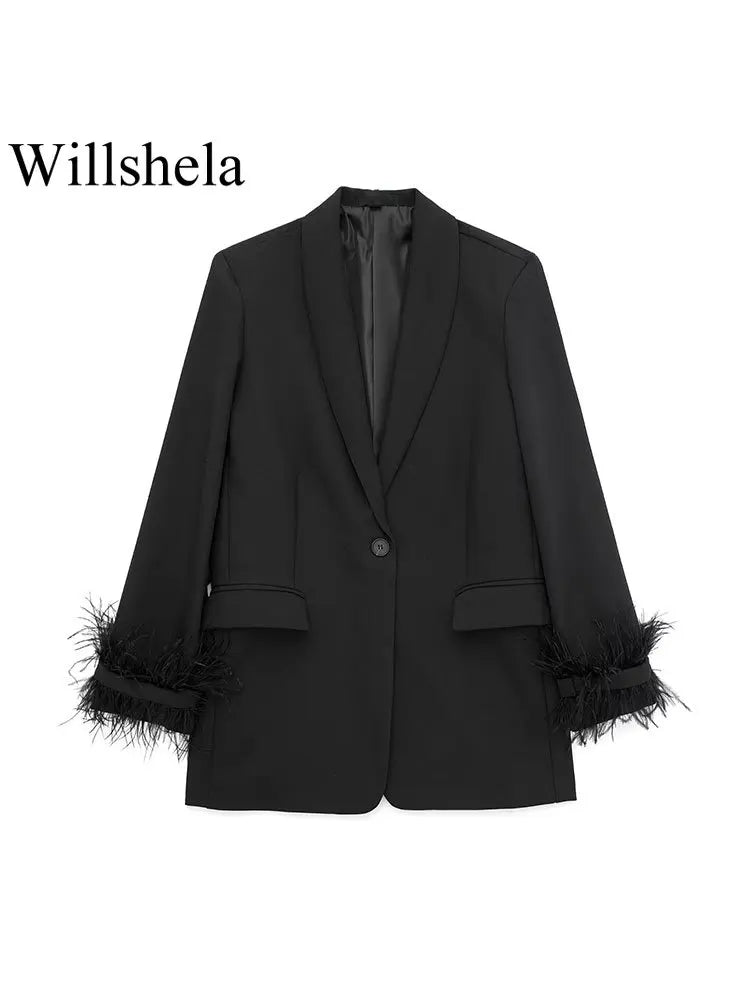 Willshela Vintage Satin Feather Blazer Jacket