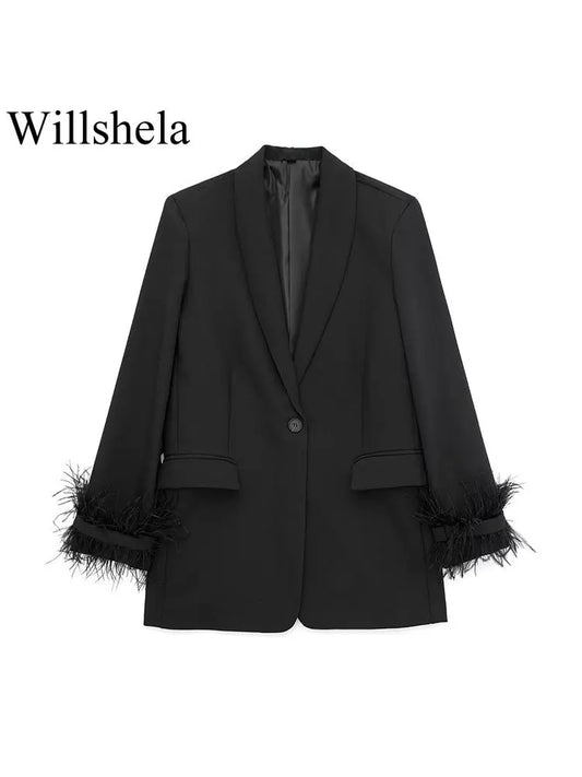 Willshela Vintage Satin Feather Blazer Jacket