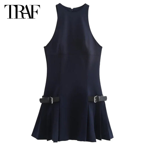 TRAF Halter Buckles Pleated Short Dress