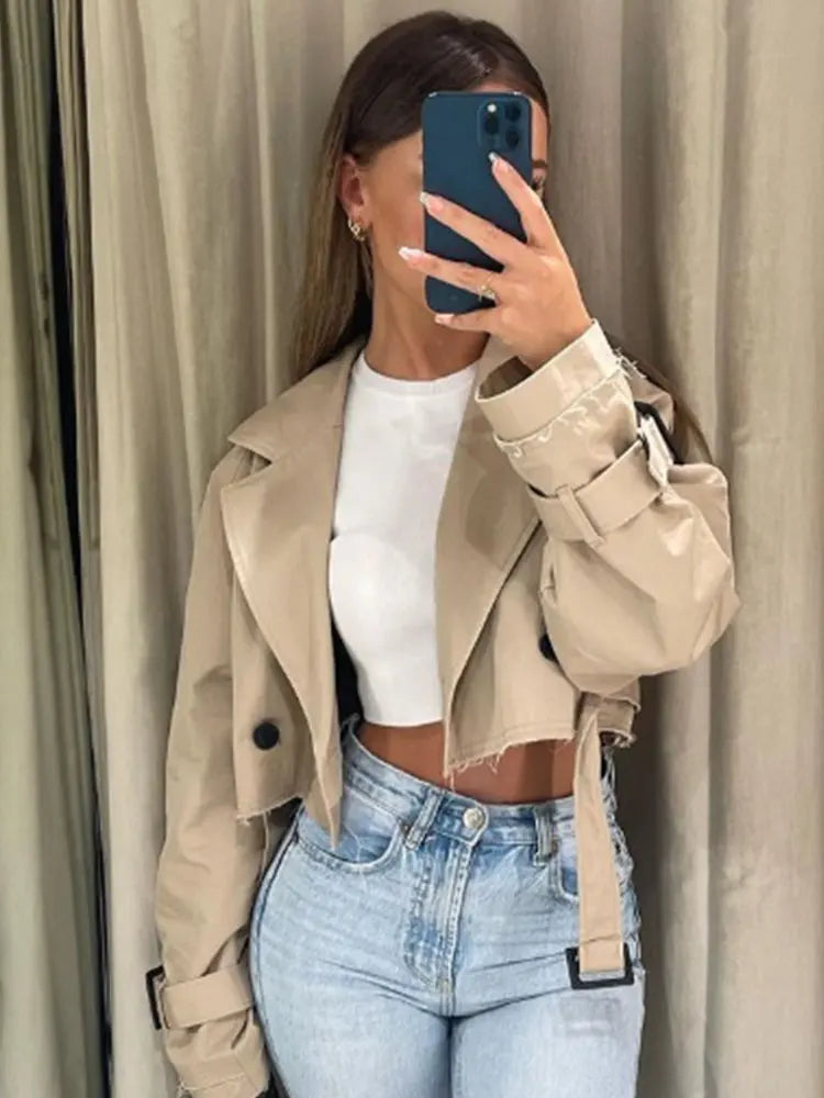 Luxe Belted Cropped Trench Jacket – Vintage Streetwear Style