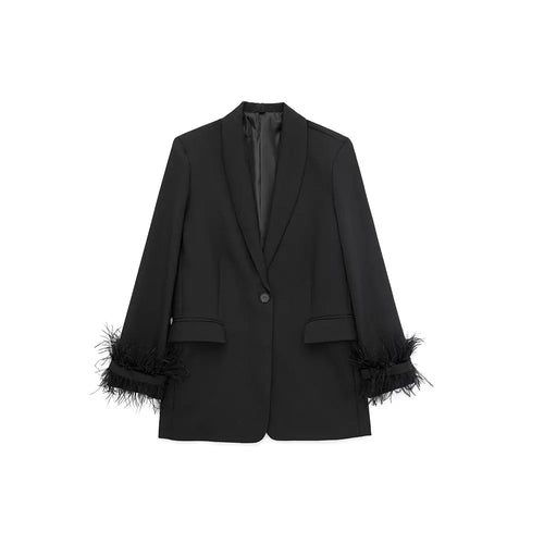 Willshela Vintage Satin Feather Blazer Jacket