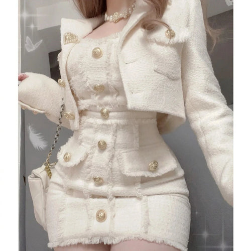 Vintage Korean Style Elegant Woolen Two-Piece Dress