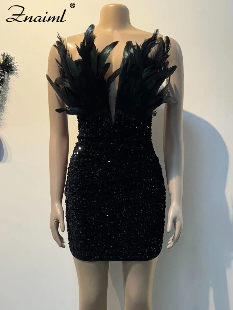 Znaiml Elegant Feathers Sequin Strapless Dress